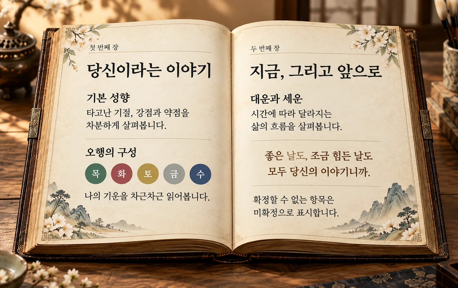 펼친 책 사진 예시. 왼쪽 쪽은 첫 번째 장 ‘당신이라는 이야기’로 기본 성향(타고난 기질, 강점과 약점)과 오행의 구성(목·화·토·금·수)을 다룹니다. 오른쪽 쪽은 두 번째 장 ‘지금, 그리고 앞으로’로 대운과 세운(시간에 따라 달라지는 삶의 흐름)을 다루며, ‘좋은 날도, 조금 힘든 날도 모두 당신의 이야기니까.’라는 문장과 ‘확정할 수 없는 항목은 미확정으로 표시합니다’라는 안내가 적혀 있습니다.